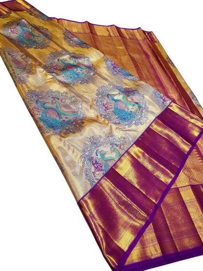 Exquisite Golden Kanjeevaram Handloom Pure Tissue Silk Peacock Design Saree - Luxurion World