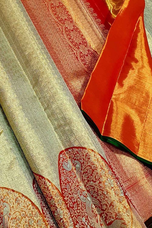 Stunning Green And Red Kanjeevaram Handloom Pure Tissue Silk Saree - Luxurion World