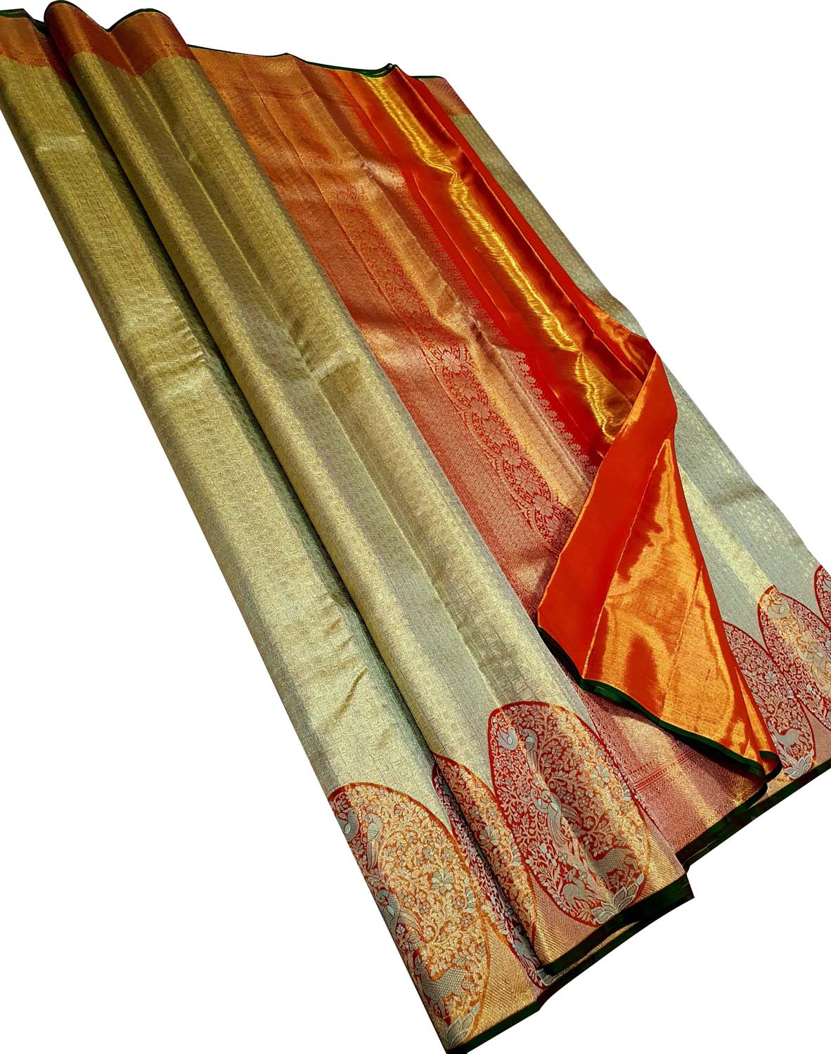 Stunning Green And Red Kanjeevaram Handloom Pure Tissue Silk Saree - Luxurion World