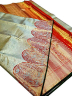 Stunning Green And Red Kanjeevaram Handloom Pure Tissue Silk Saree - Luxurion World