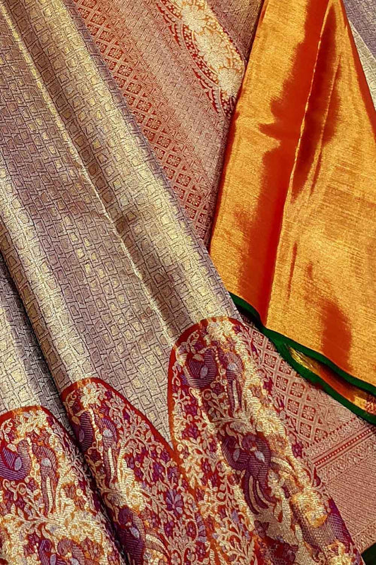 Exquisite Multicolor Kanjeevaram Handloom Pure Tissue Silk Bird Design Saree - Luxurion World
