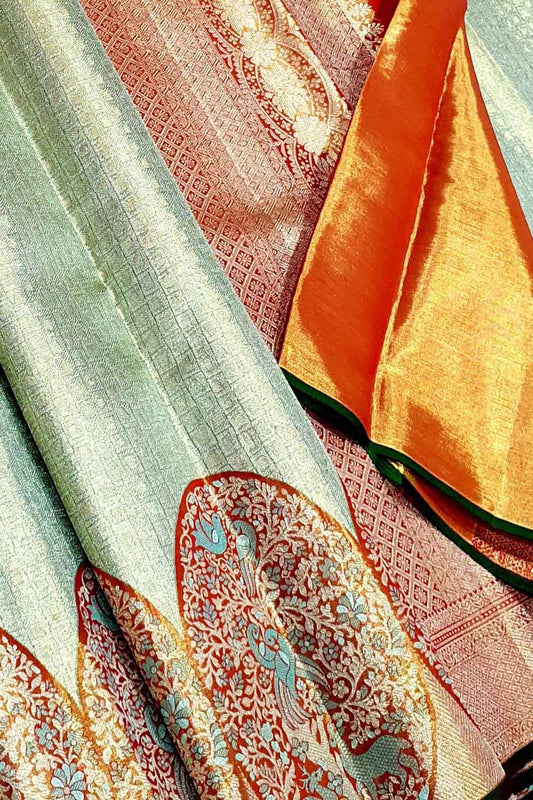 Blue Kanjeevaram Handloom Pure Tissue Silk Bird Design Saree - Luxurion World