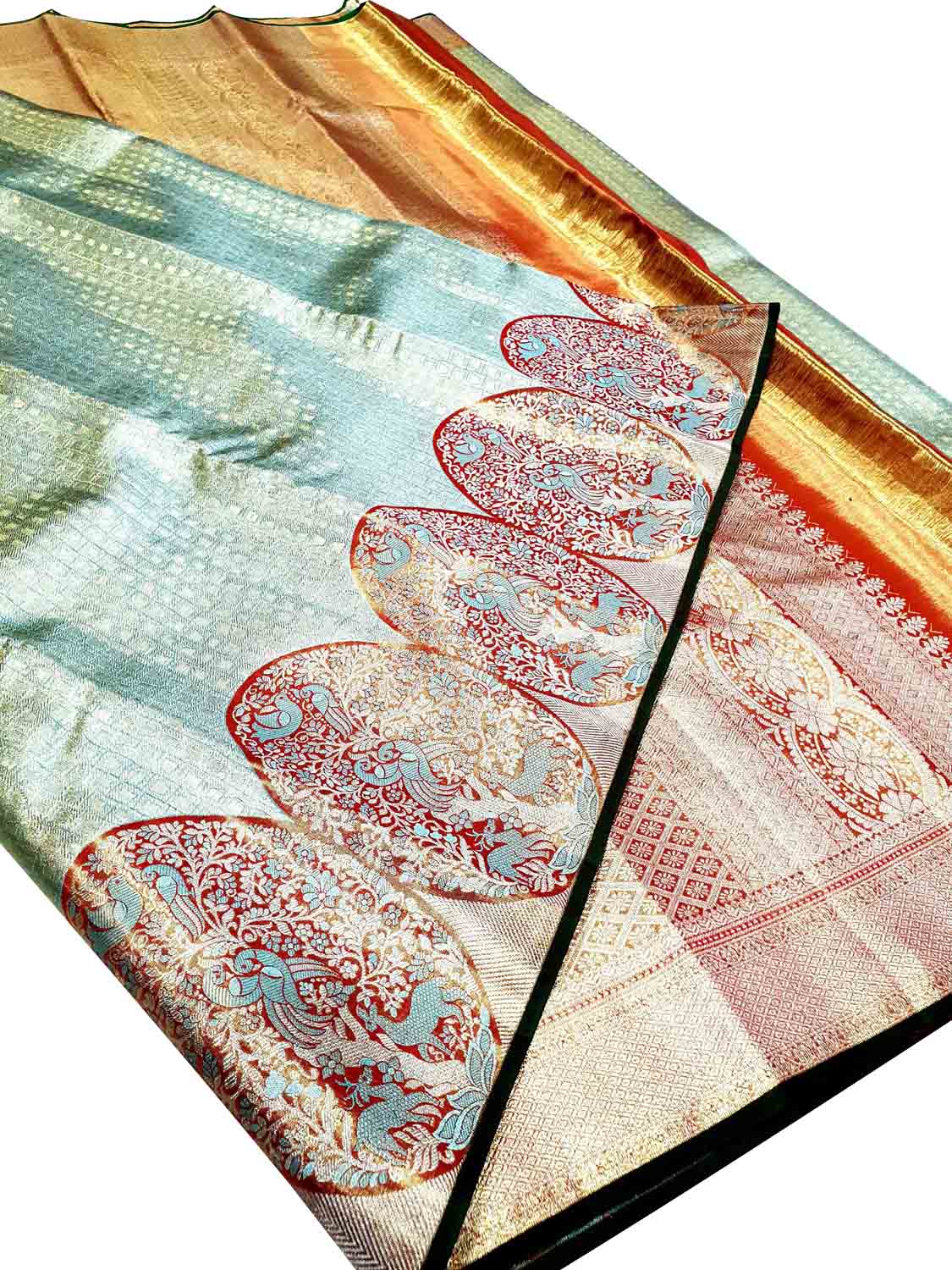 Blue Kanjeevaram Handloom Pure Tissue Silk Bird Design Saree - Luxurion World