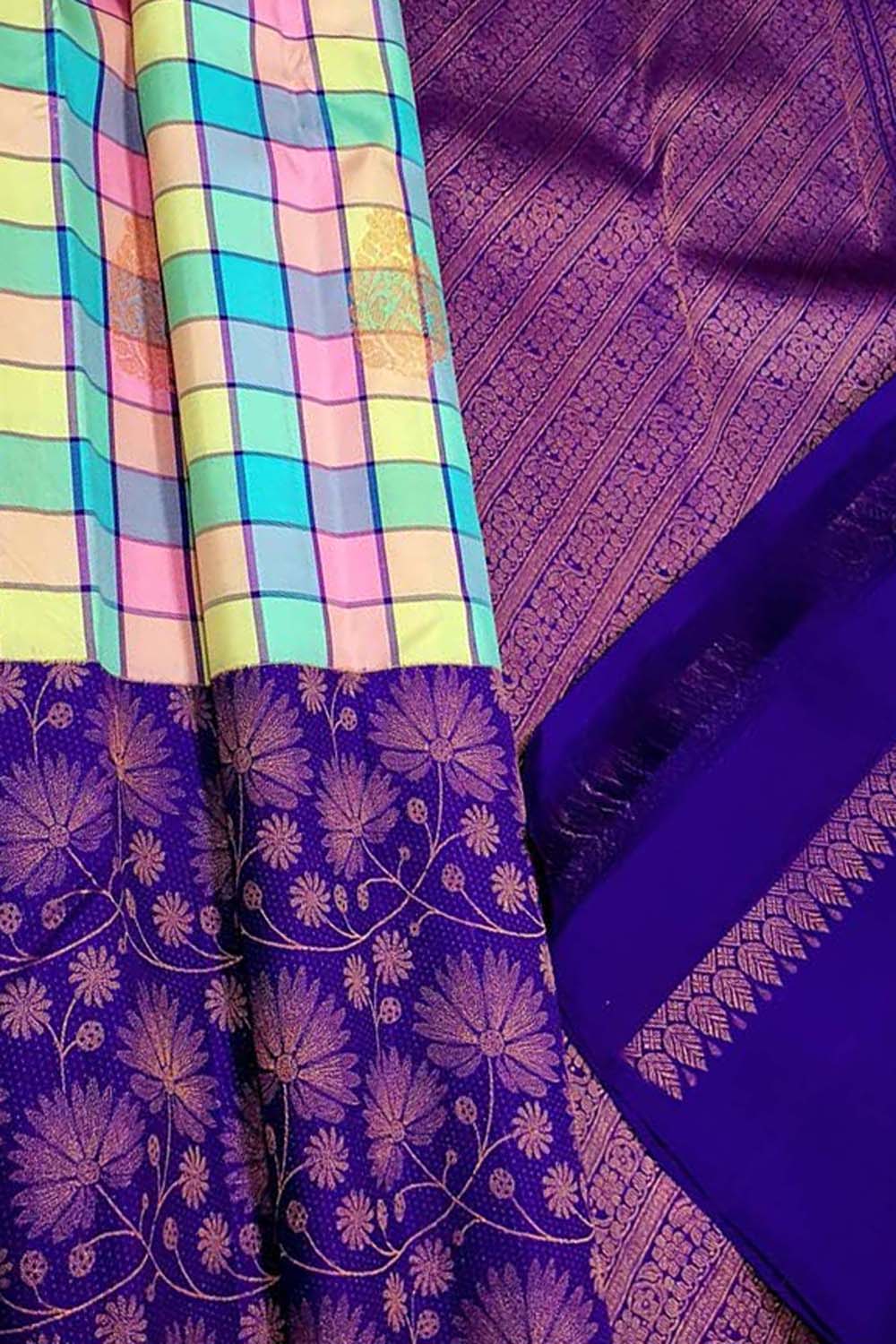 Stunning Multicolor Handloom Kanjeevaram Pure Silk Checks Saree - Luxurion World