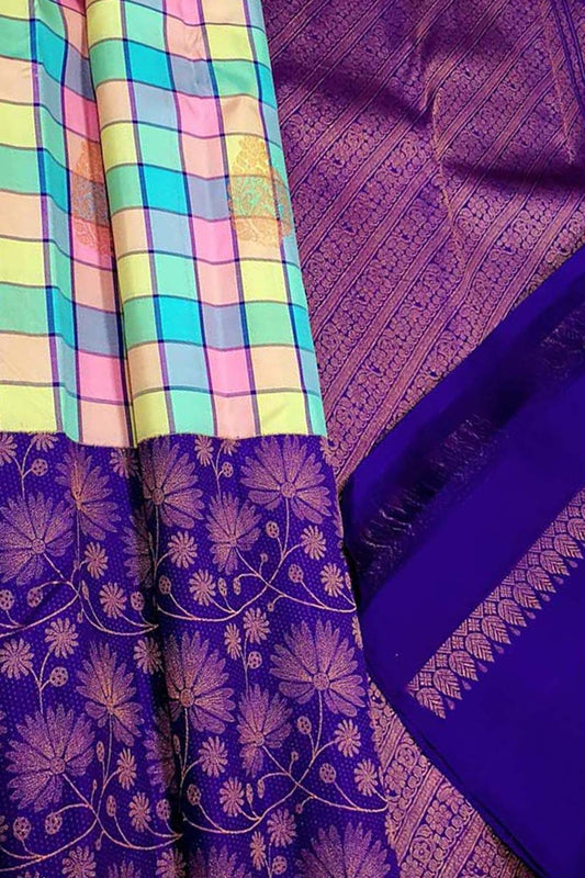 Stunning Multicolor Handloom Kanjeevaram Pure Silk Checks Saree - Luxurion World