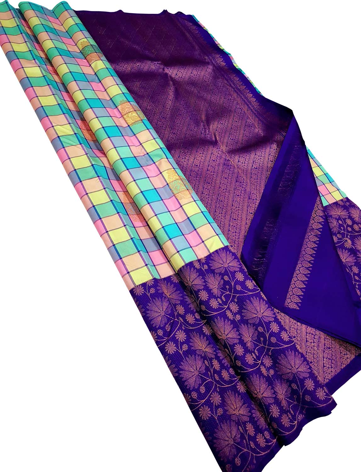 Stunning Multicolor Handloom Kanjeevaram Pure Silk Checks Saree - Luxurion World