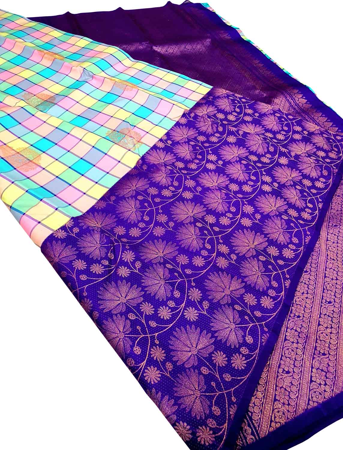 Stunning Multicolor Handloom Kanjeevaram Pure Silk Checks Saree - Luxurion World