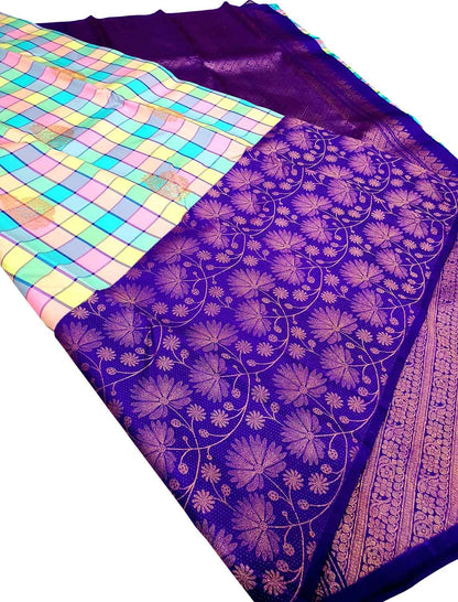 Stunning Multicolor Handloom Kanjeevaram Pure Silk Checks Saree - Luxurion World