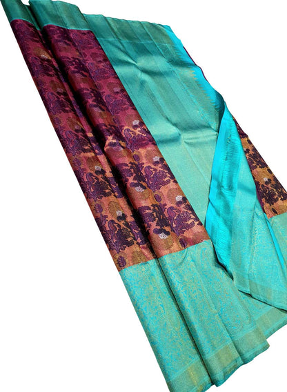 Stunning Multicolor Handloom Kanjeevaram Pure Silk Flower Design Saree - Luxurion World