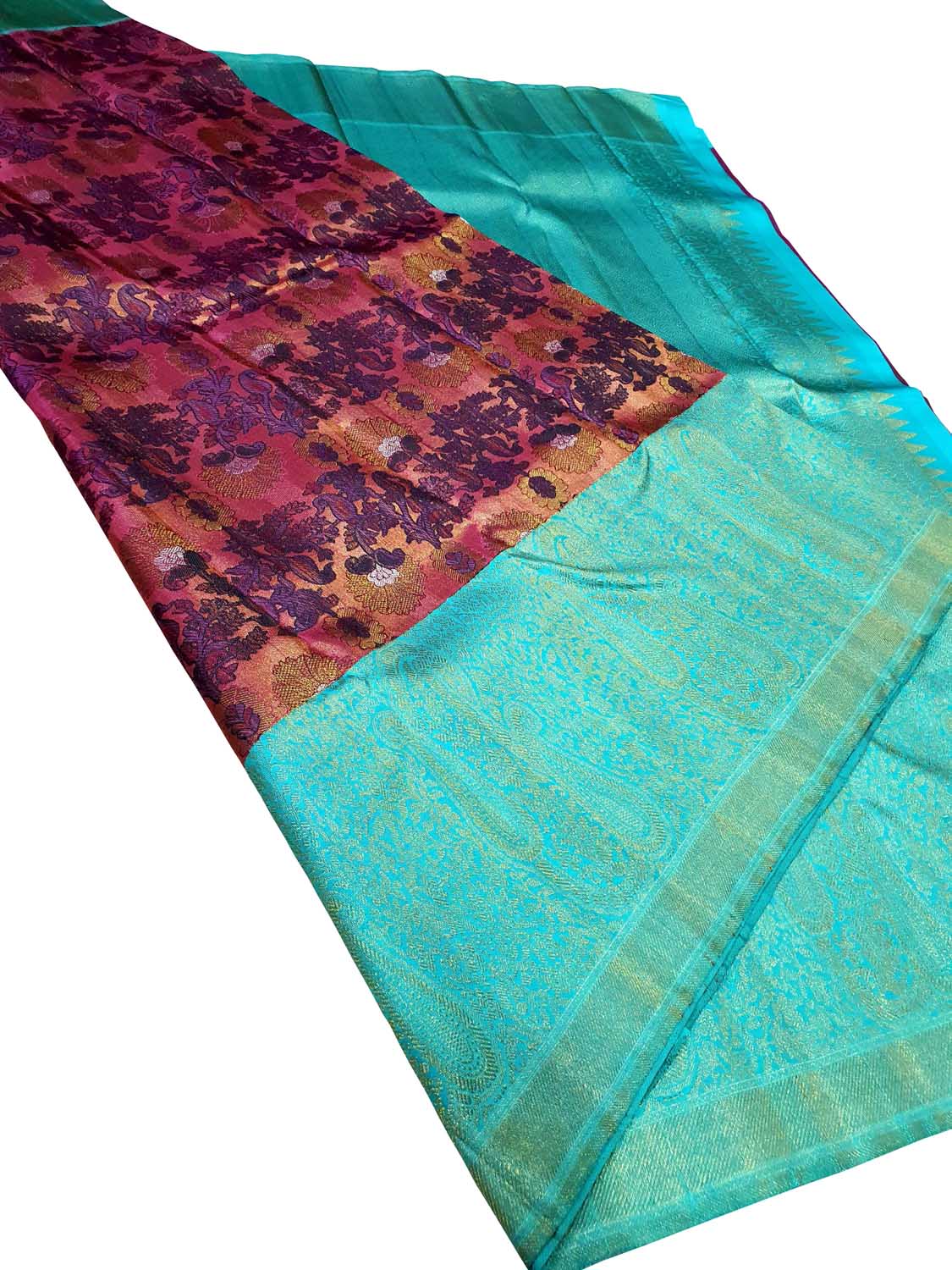 Stunning Multicolor Handloom Kanjeevaram Pure Silk Flower Design Saree - Luxurion World