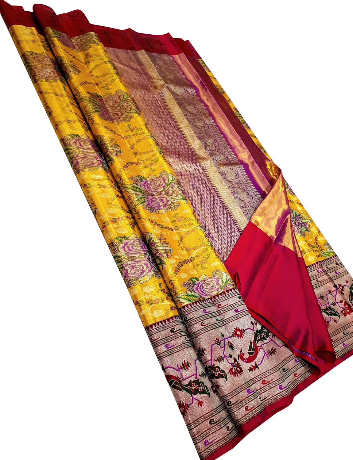 Yellow Kanjeevaram Handloom Pure Tissue Silk Flower Design Saree - Luxurion World