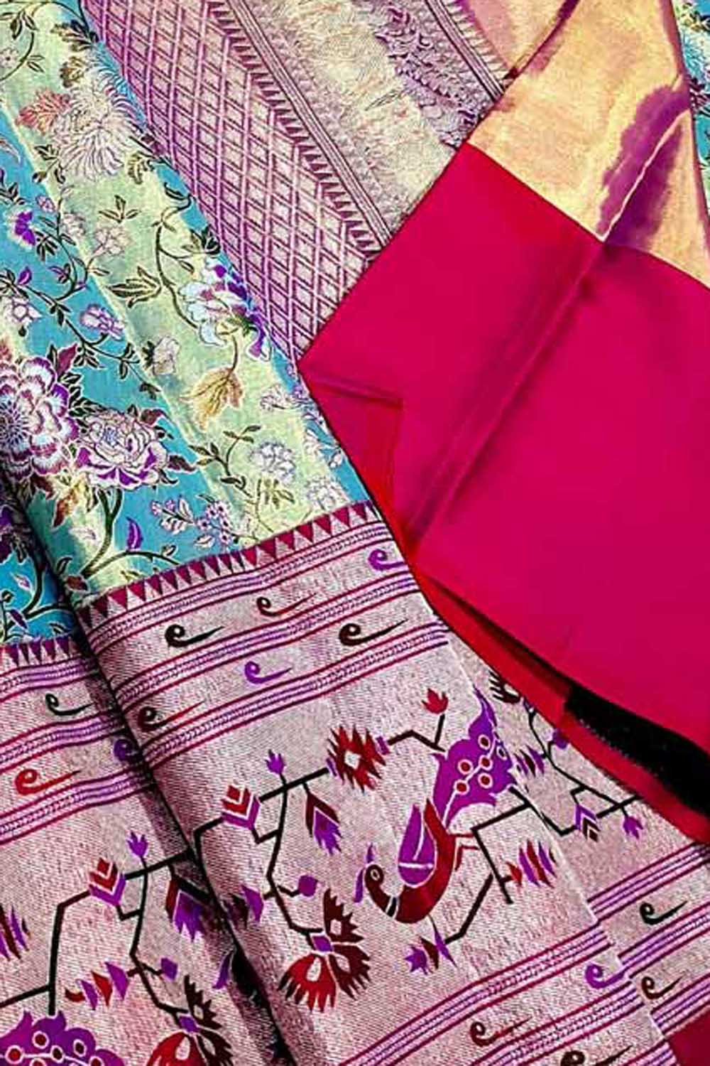 Blue Kanjeevaram Handloom Pure Tissue Silk Flower Design Saree - Luxurion World