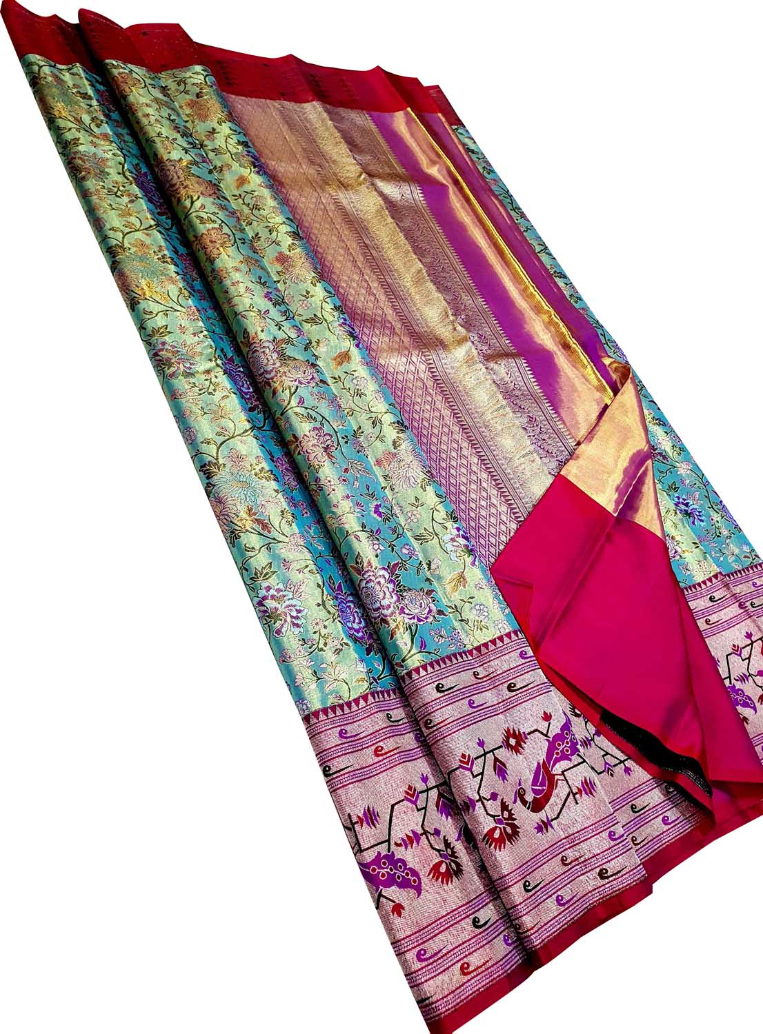 Blue Kanjeevaram Handloom Pure Tissue Silk Flower Design Saree - Luxurion World
