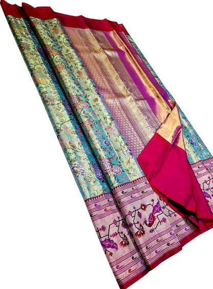 Blue Kanjeevaram Handloom Pure Tissue Silk Flower Design Saree - Luxurion World