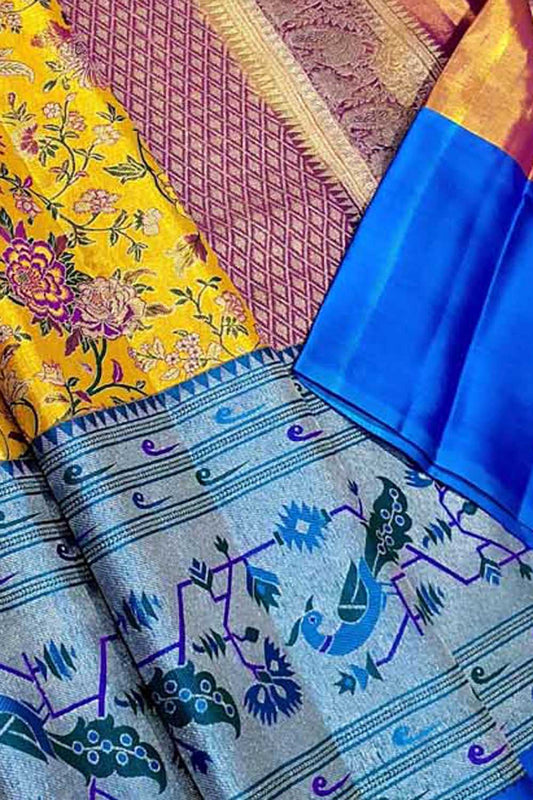 Yellow Kanjeevaram Handloom Pure Tissue Silk Flower Design Saree - Luxurion World