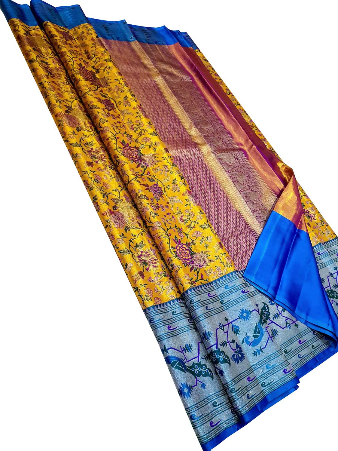 Yellow Kanjeevaram Handloom Pure Tissue Silk Flower Design Saree - Luxurion World