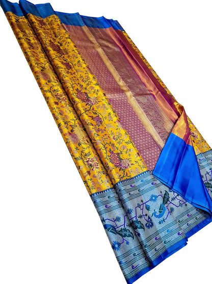 Yellow Kanjeevaram Handloom Pure Tissue Silk Flower Design Saree - Luxurion World