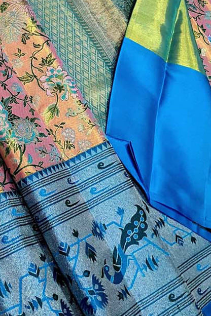 Pink Kanjeevaram Handloom Pure Tissue Silk Flower Design Saree - Luxurion World