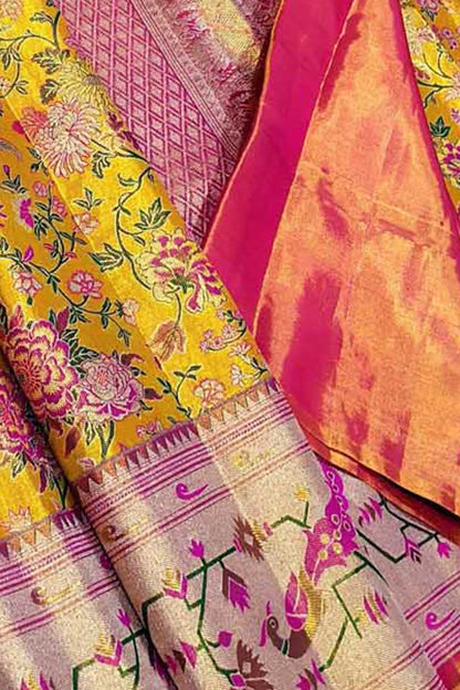 Yellow Kanjeevaram Handloom Pure Tissue Silk Flower Design Saree - Luxurion World