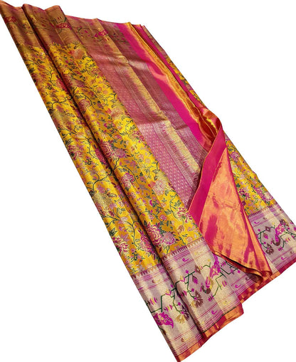 Yellow Kanjeevaram Handloom Pure Tissue Silk Flower Design Saree - Luxurion World