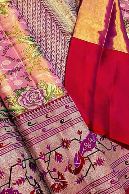 Pink Kanjeevaram Handloom Pure Tissue Silk Flower Design Saree - Luxurion World