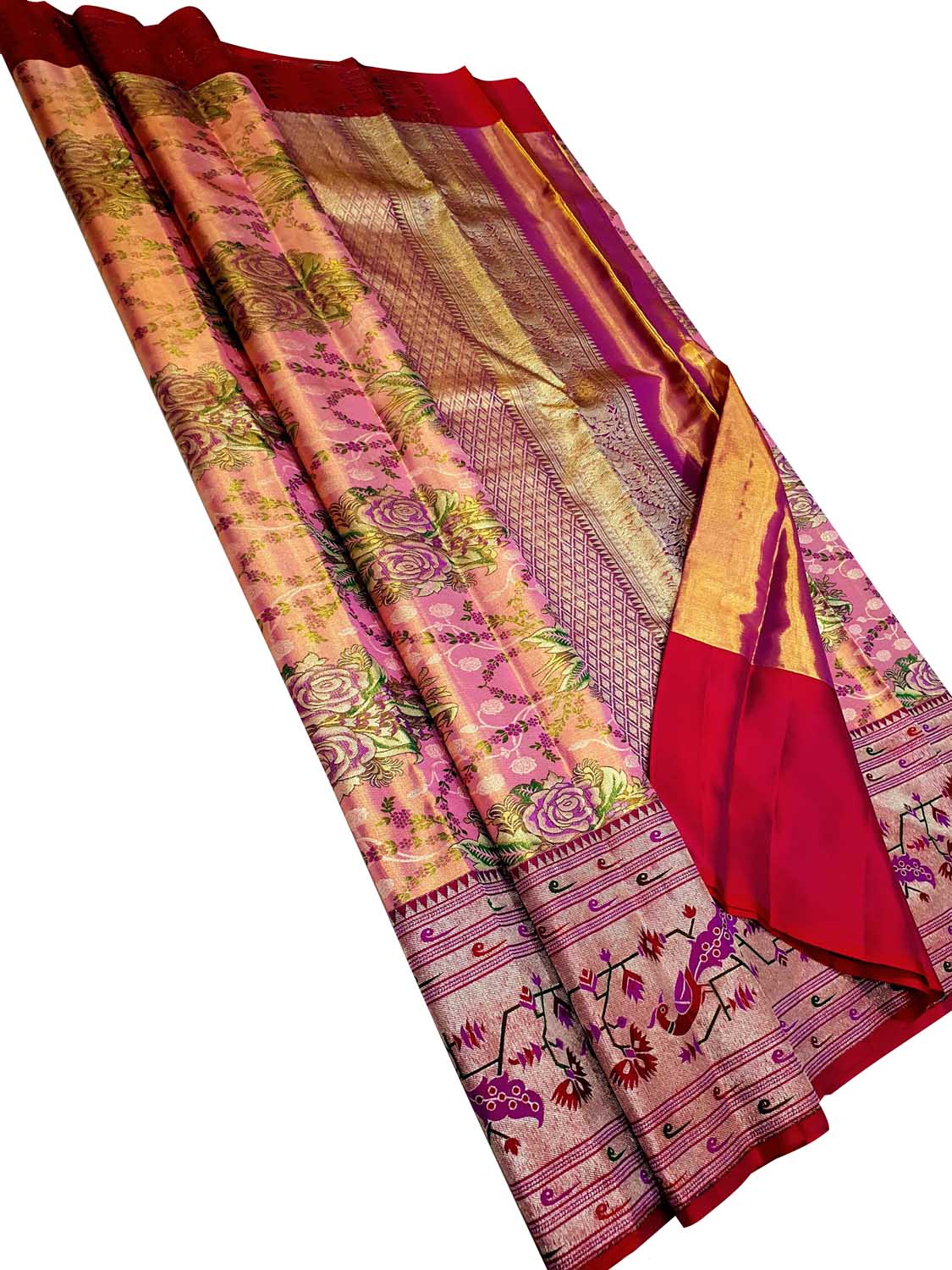 Pink Kanjeevaram Handloom Pure Tissue Silk Flower Design Saree - Luxurion World