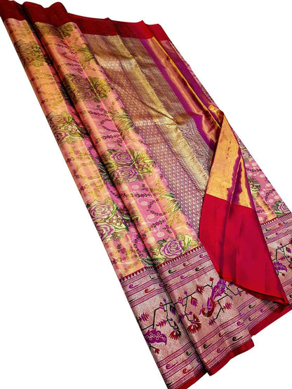Pink Kanjeevaram Handloom Pure Tissue Silk Flower Design Saree - Luxurion World