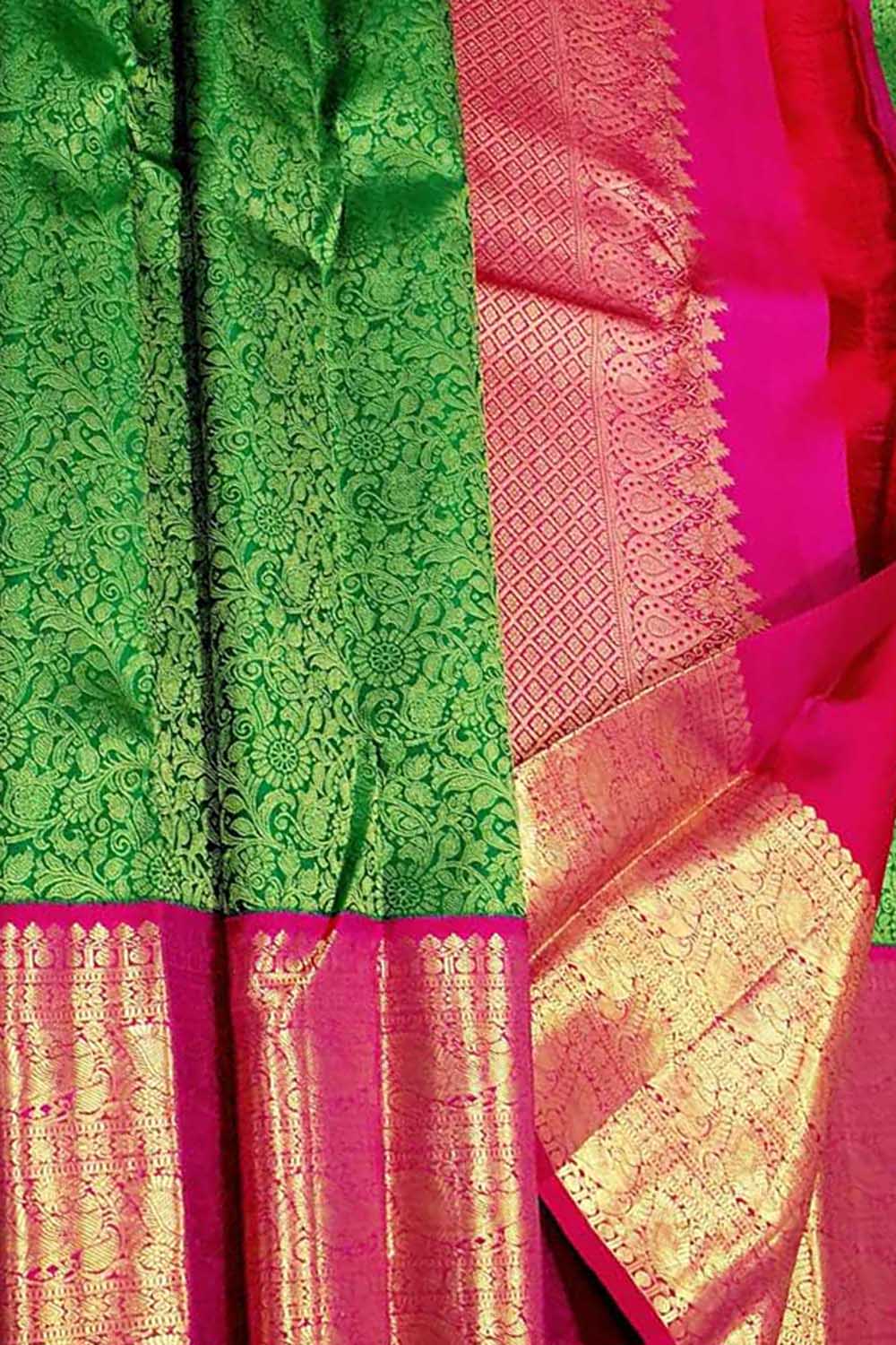Green & Pink Handloom Kanjeevaram Pure Silk Saree - Luxurion World