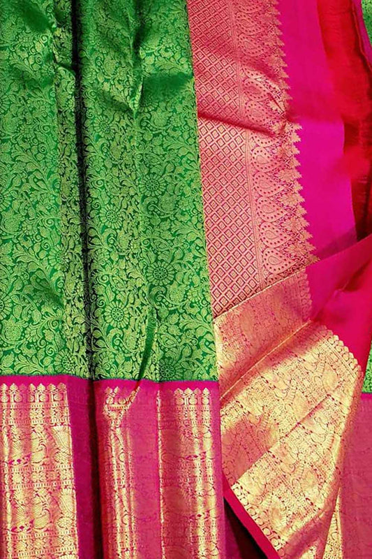 Green & Pink Handloom Kanjeevaram Pure Silk Saree - Luxurion World