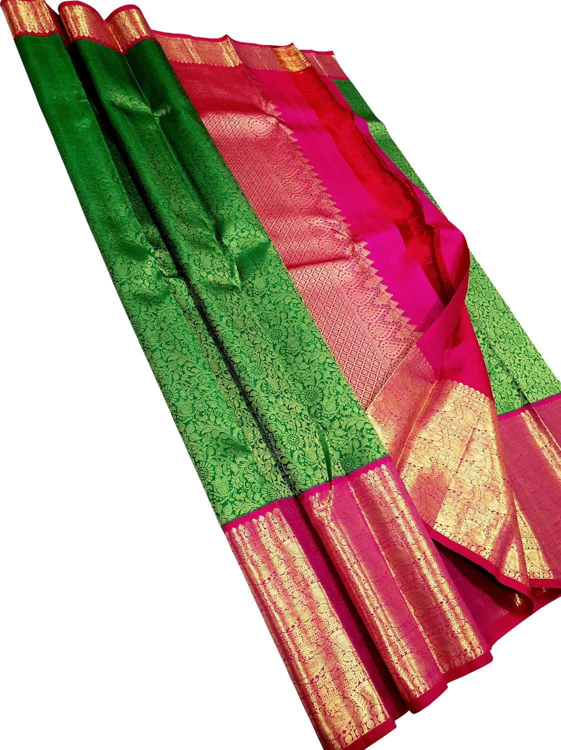 Green & Pink Handloom Kanjeevaram Pure Silk Saree - Luxurion World