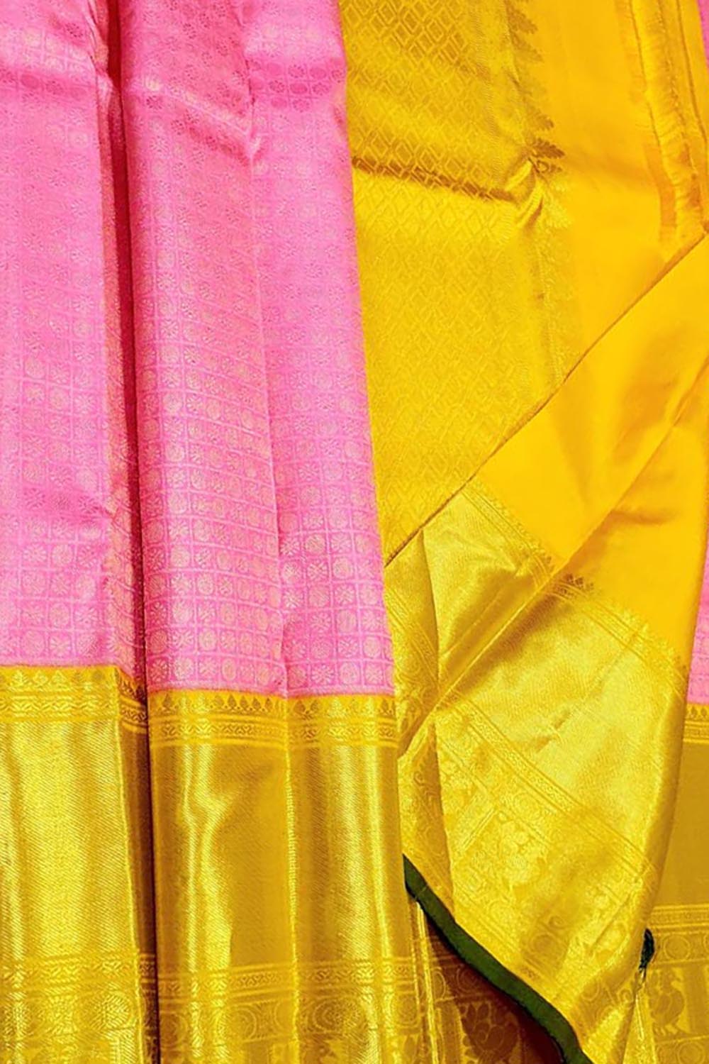 Stunning Pink & Yellow Handloom Kanjeevaram Pure Silk Saree - Luxurion World