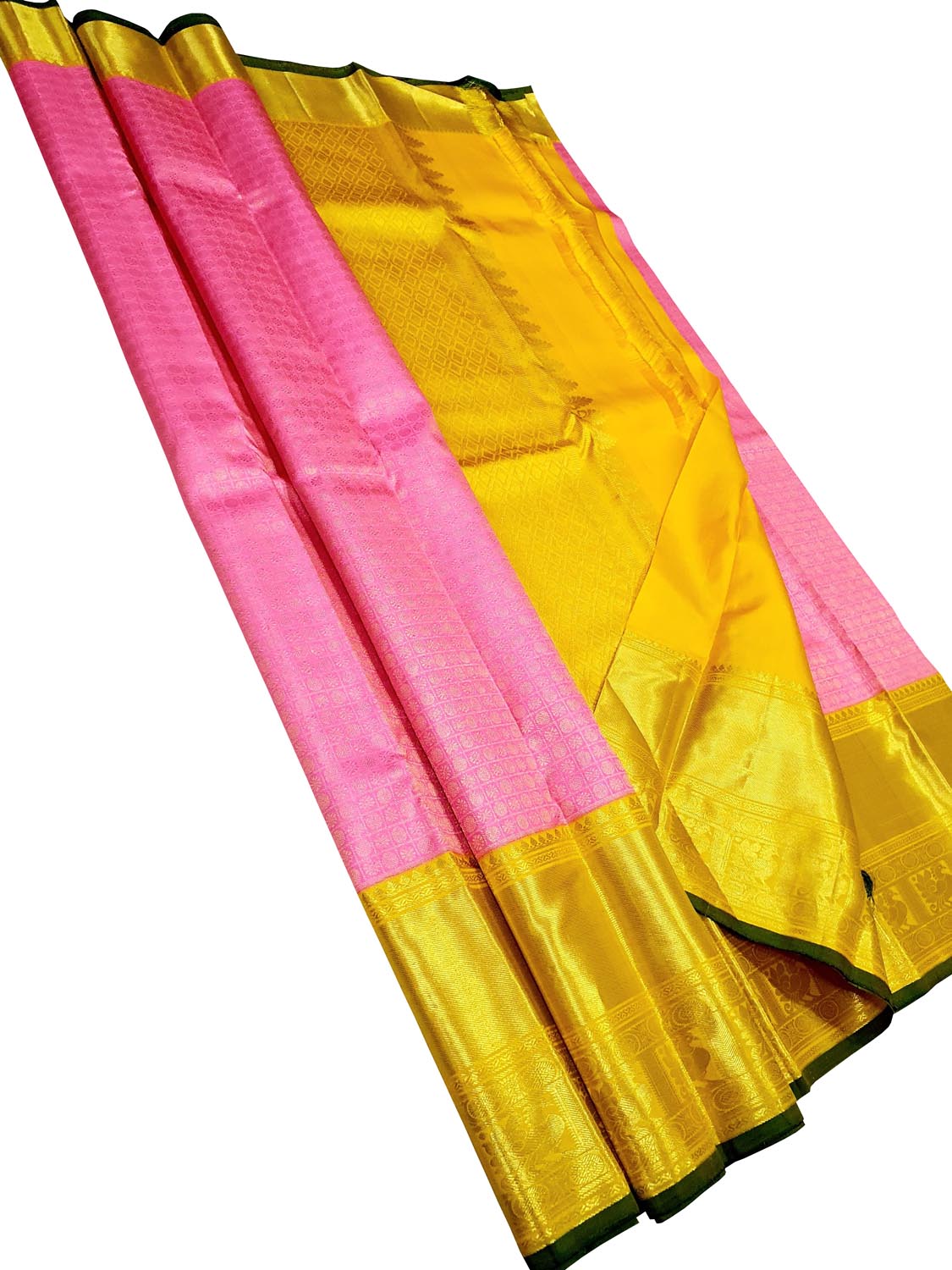 Stunning Pink & Yellow Handloom Kanjeevaram Pure Silk Saree - Luxurion World