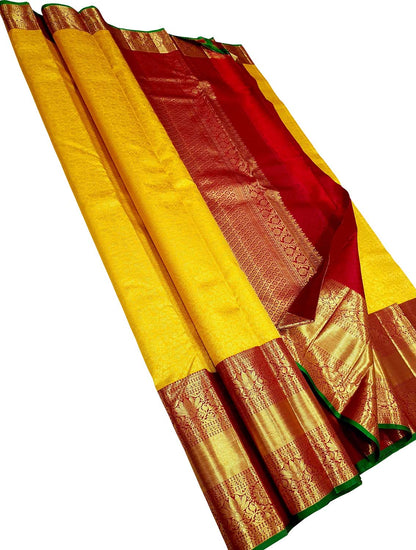 Yellow And Red Handloom Kanjeevaram Pure Silk Saree - Luxurion World