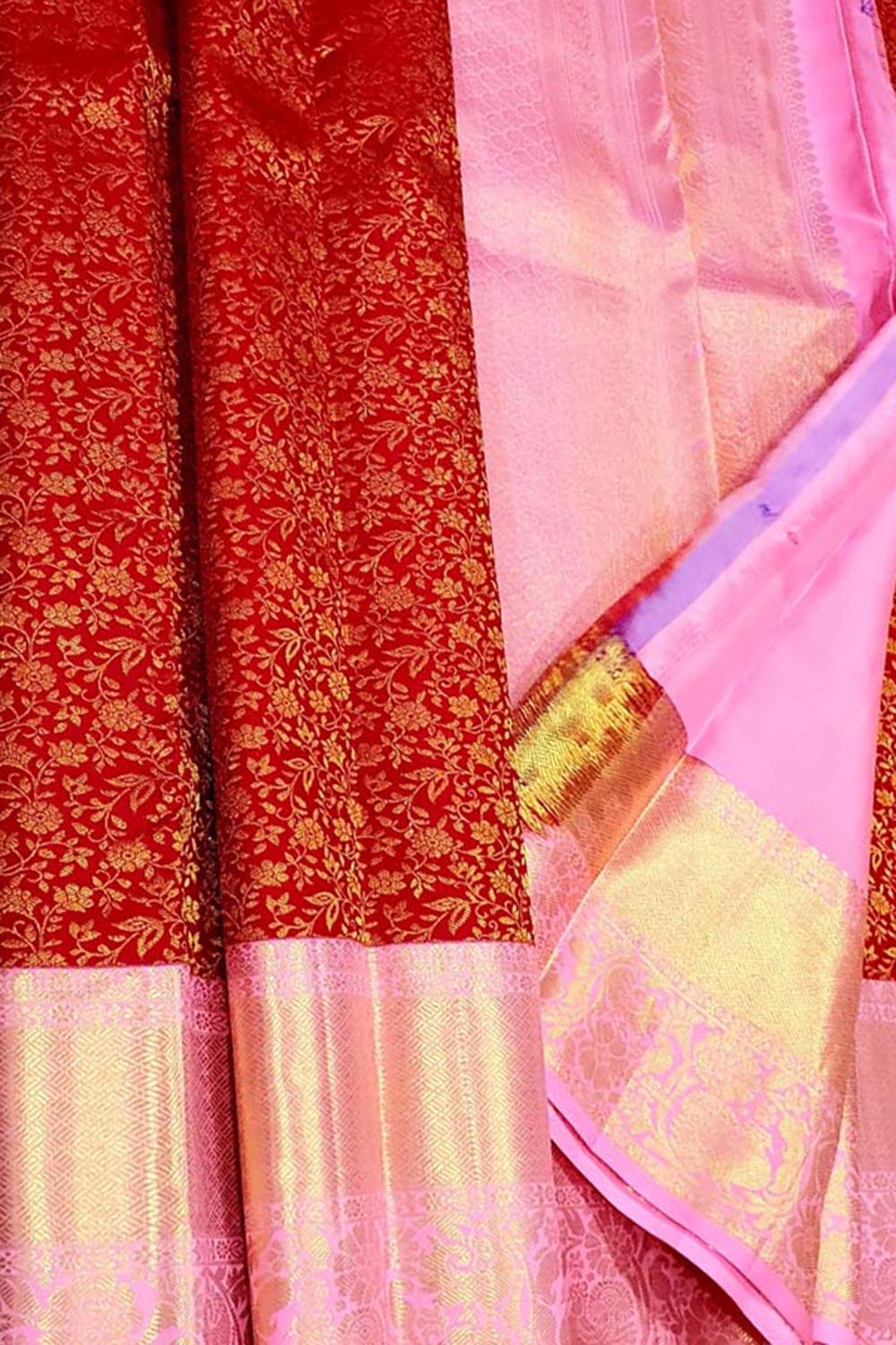 Red & Pink Handloom Kanjeevaram Pure Silk Saree - Luxurion World