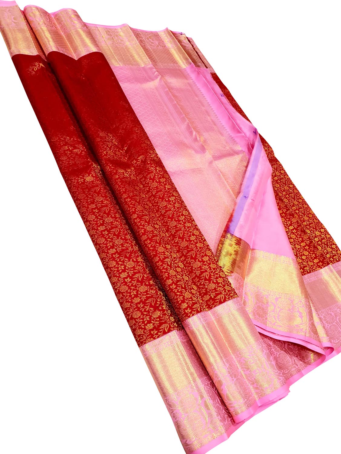 Red & Pink Handloom Kanjeevaram Pure Silk Saree - Luxurion World