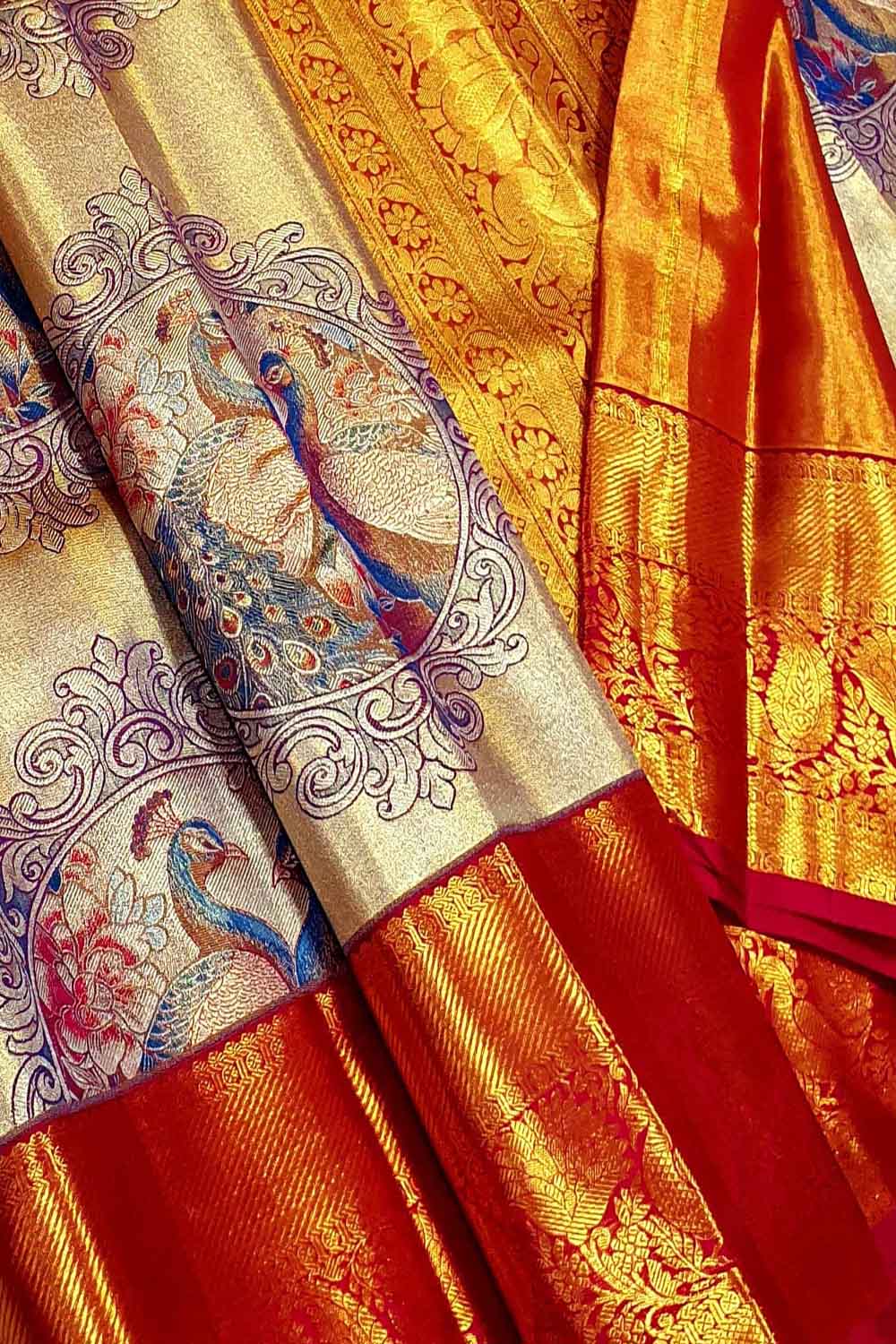 Multicolor Kanjeevaram Handloom Pure Tissue Silk Peacock Design Saree - Luxurion World