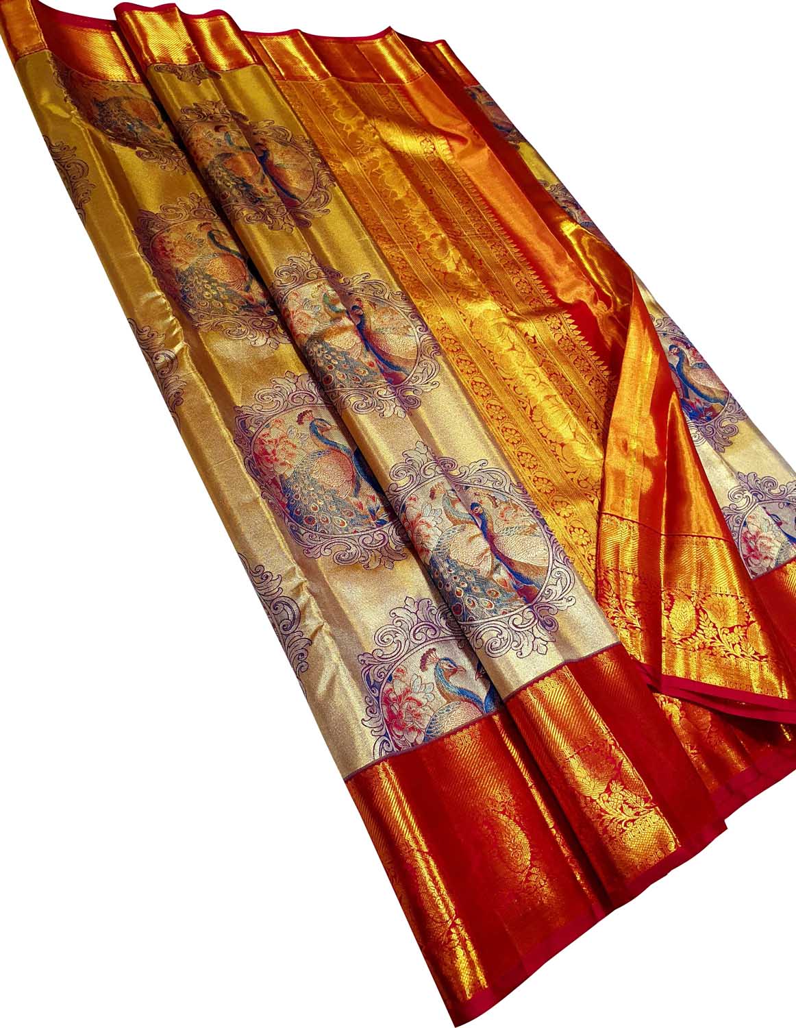 Multicolor Kanjeevaram Handloom Pure Tissue Silk Peacock Design Saree - Luxurion World