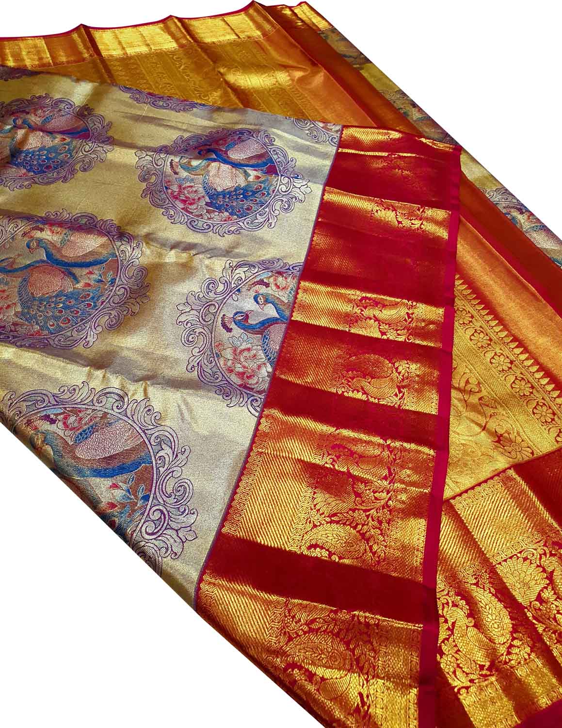 Multicolor Kanjeevaram Handloom Pure Tissue Silk Peacock Design Saree - Luxurion World