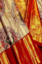 Multicolor Kanjeevaram Handloom Pure Tissue Silk Peacock Design Saree with Red Border - Luxurion World