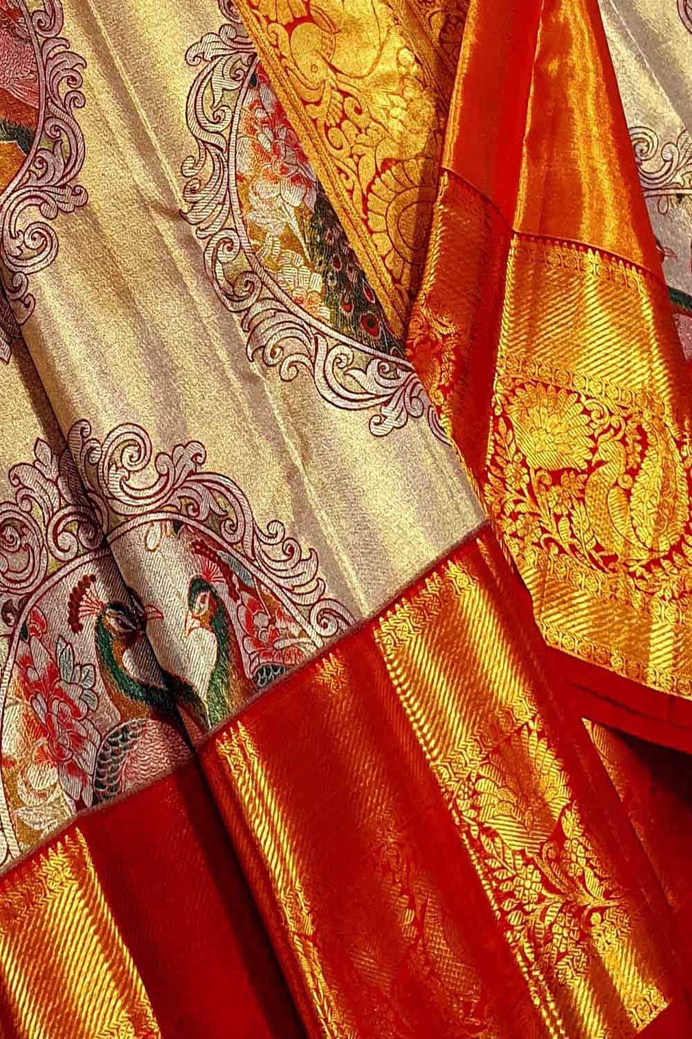 Multicolor Kanjeevaram Handloom Pure Tissue Silk Peacock Design Saree with Red Border - Luxurion World