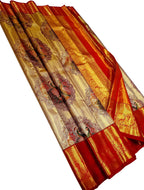 Multicolor Kanjeevaram Handloom Pure Tissue Silk Peacock Design Saree with Red Border - Luxurion World