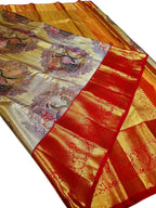 Multicolor Kanjeevaram Handloom Pure Tissue Silk Peacock Design Saree with Red Border - Luxurion World