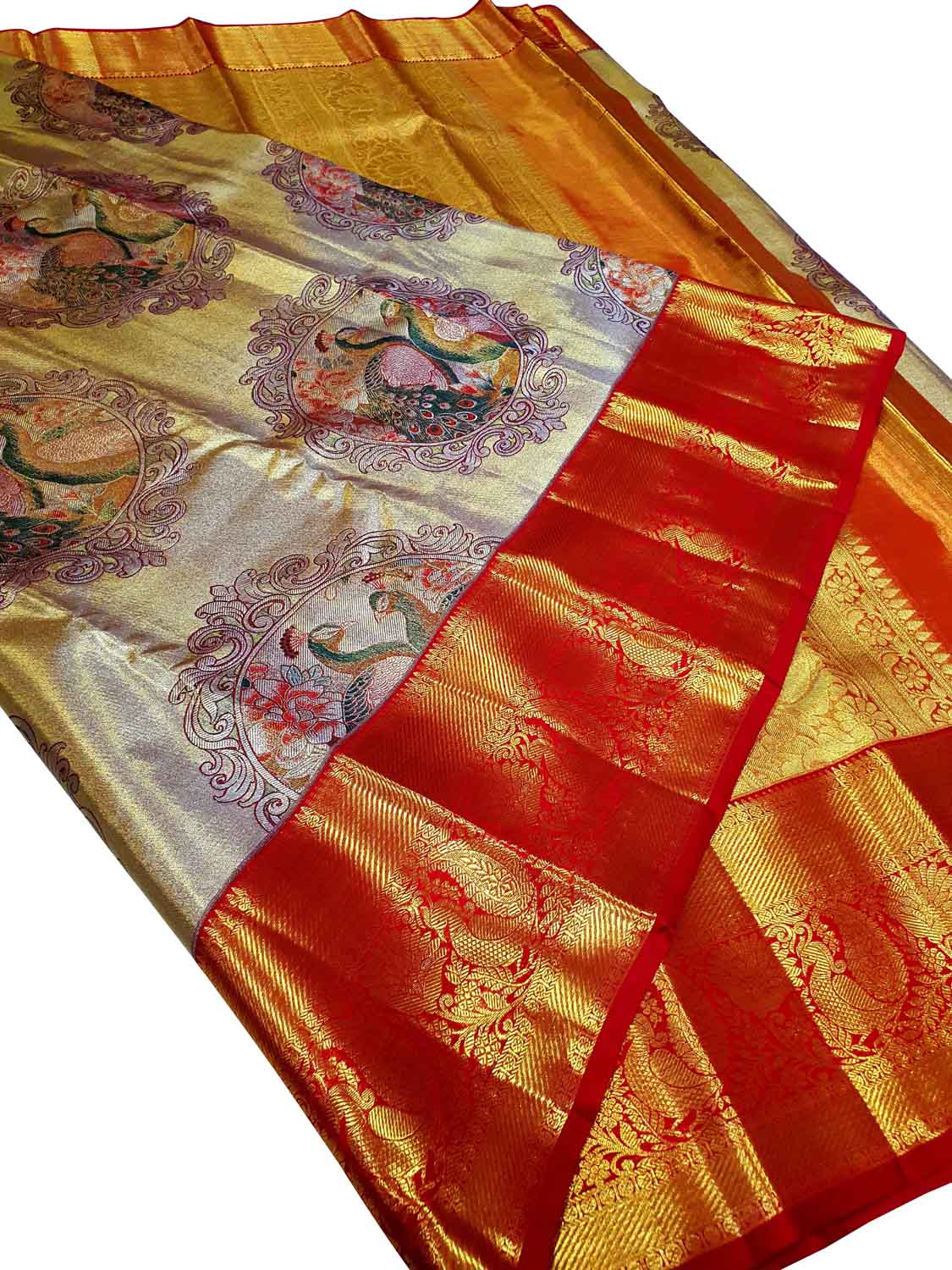 Multicolor Kanjeevaram Handloom Pure Tissue Silk Peacock Design Saree with Red Border - Luxurion World