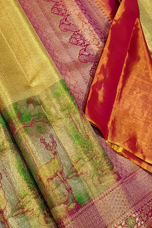 Exquisite Golden Kanjeevaram Handloom Pure Silk Deer Design Saree - Luxurion World