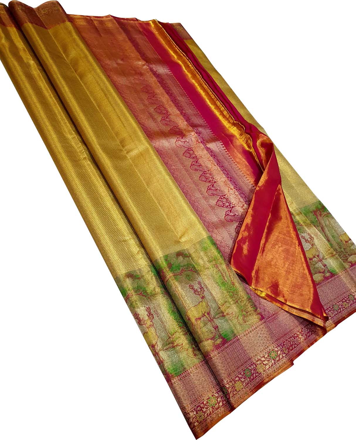 Exquisite Golden Kanjeevaram Handloom Pure Silk Deer Design Saree - Luxurion World