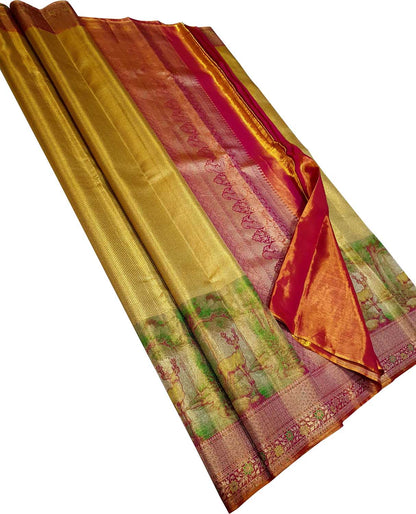 Exquisite Golden Kanjeevaram Handloom Pure Silk Deer Design Saree - Luxurion World