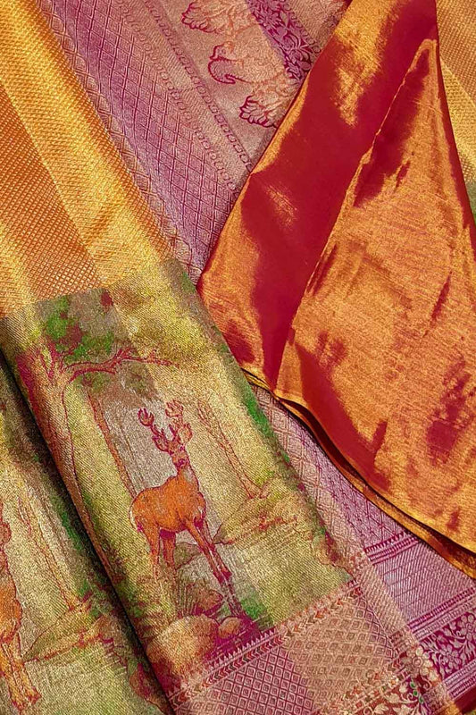 Orange Kanjeevaram Handloom Pure Silk Deer Design Saree - Luxurion World