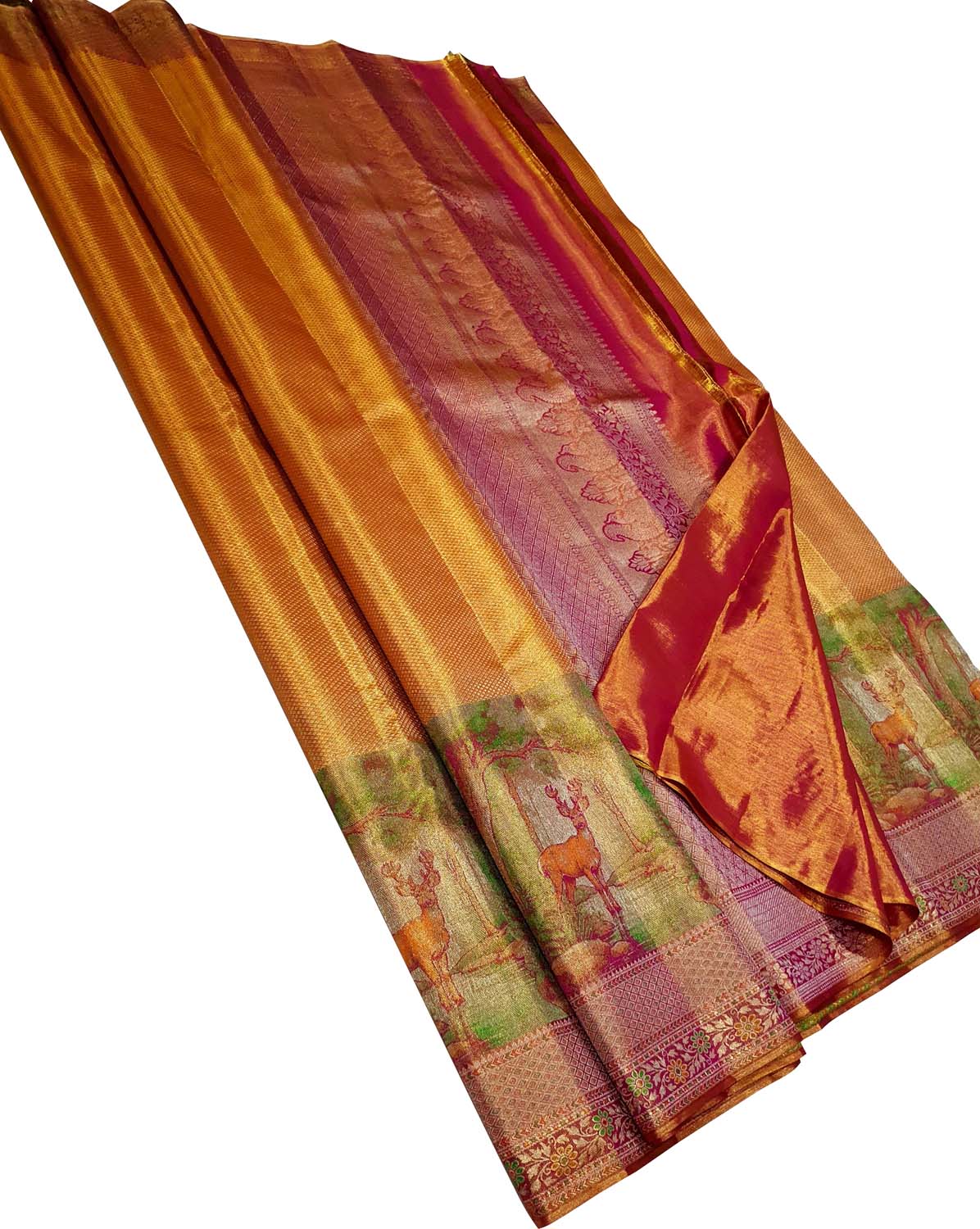 Orange Kanjeevaram Handloom Pure Silk Deer Design Saree - Luxurion World