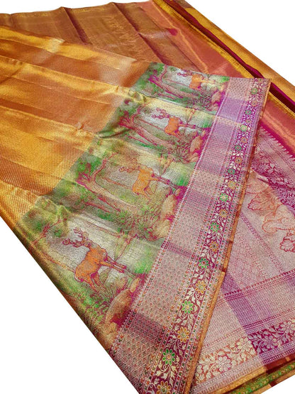 Orange Kanjeevaram Handloom Pure Silk Deer Design Saree - Luxurion World