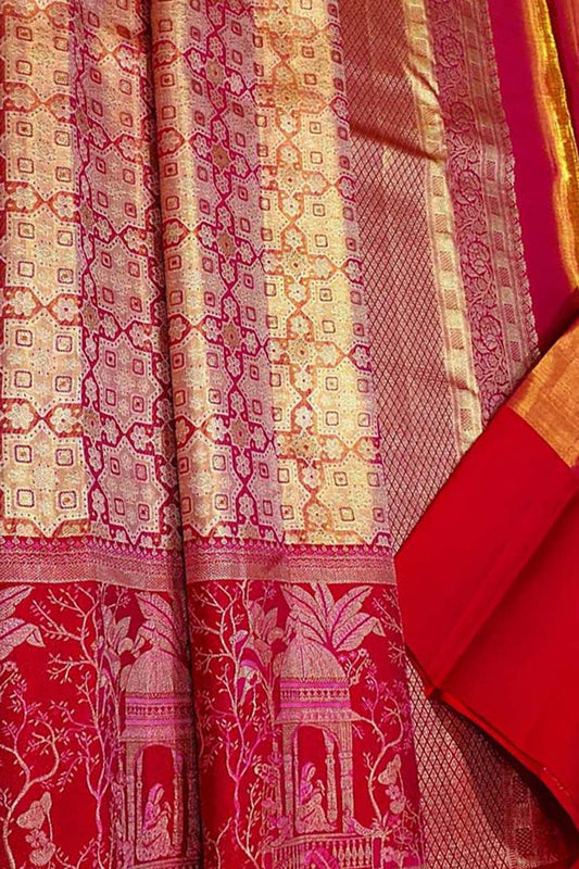 Exquisite Pink Kanjeevaram Handloom Pure Tissue Silk Saree - Luxurion World